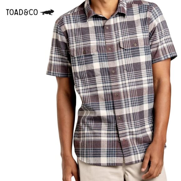 TOAD & CO Hookline Short Sleeve Shirt Plaid Shirt brown beige navy size m - Picture 1 of 10